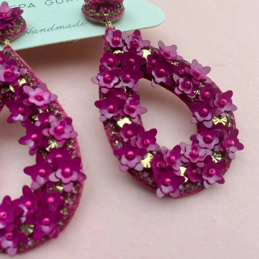 NWT Deepa Gurnani Anthropolgie Beaded Crystal Flower Statement Earrings - Picture 2 of 12